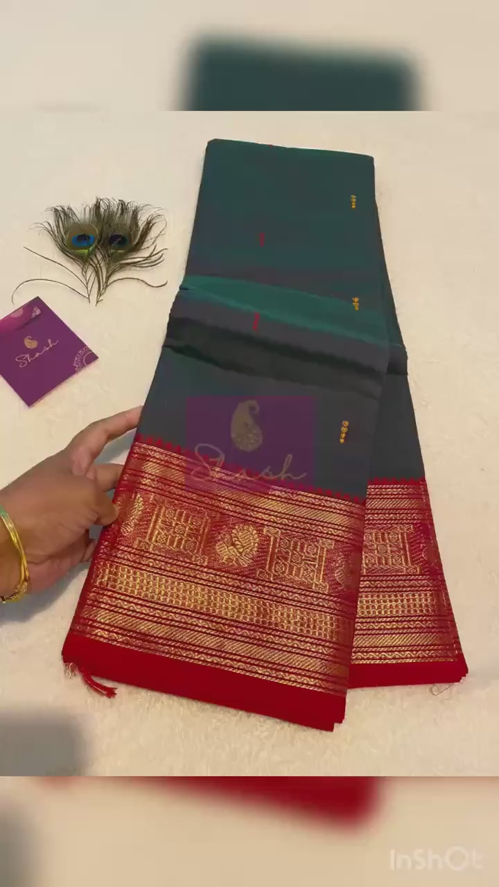 Dual-Tone Bottle Green Pure Kanchi Cotton Saree with Reddish-Maroon Border