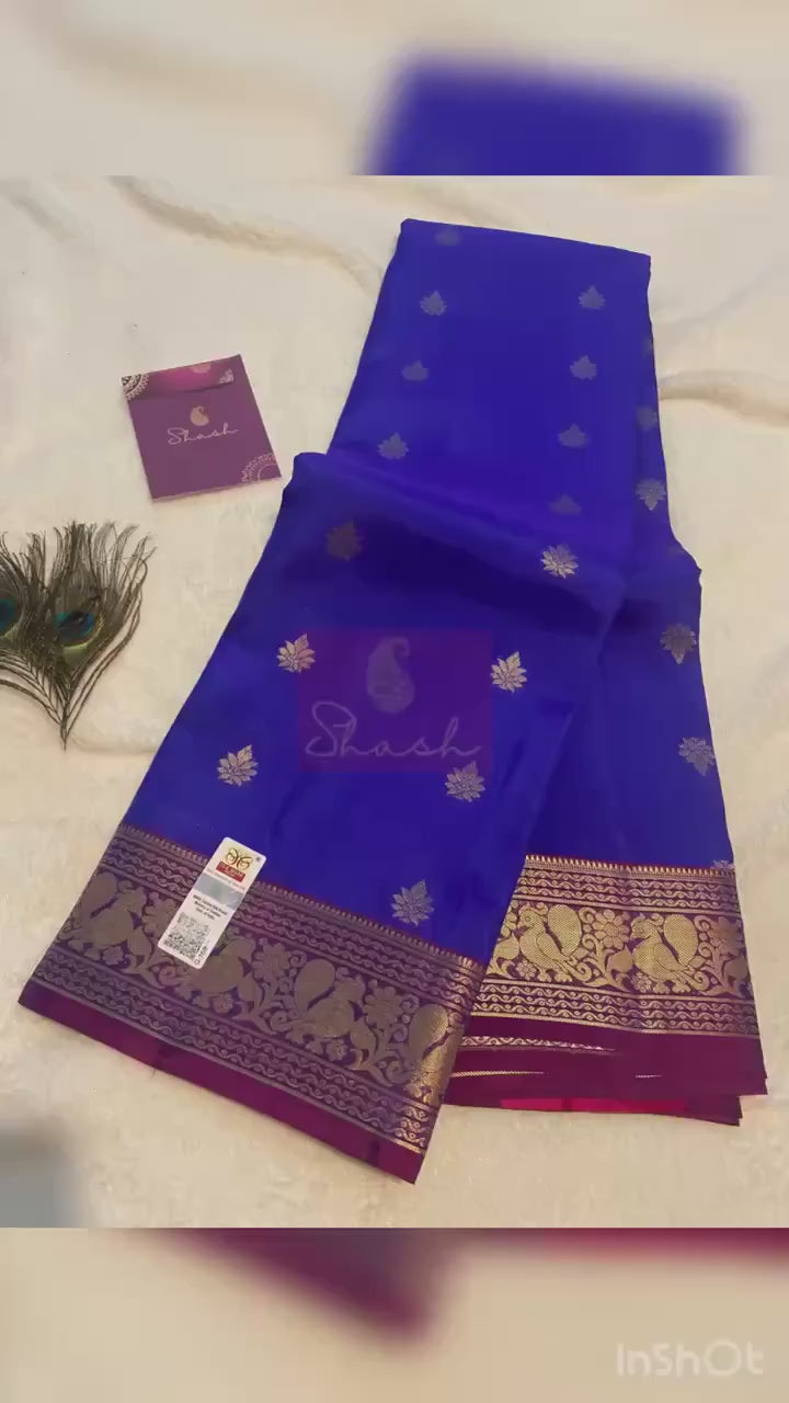 Pure Kanchipuram Silk Saree | Royal Blue with Rich Purple Border & Peacock Zari