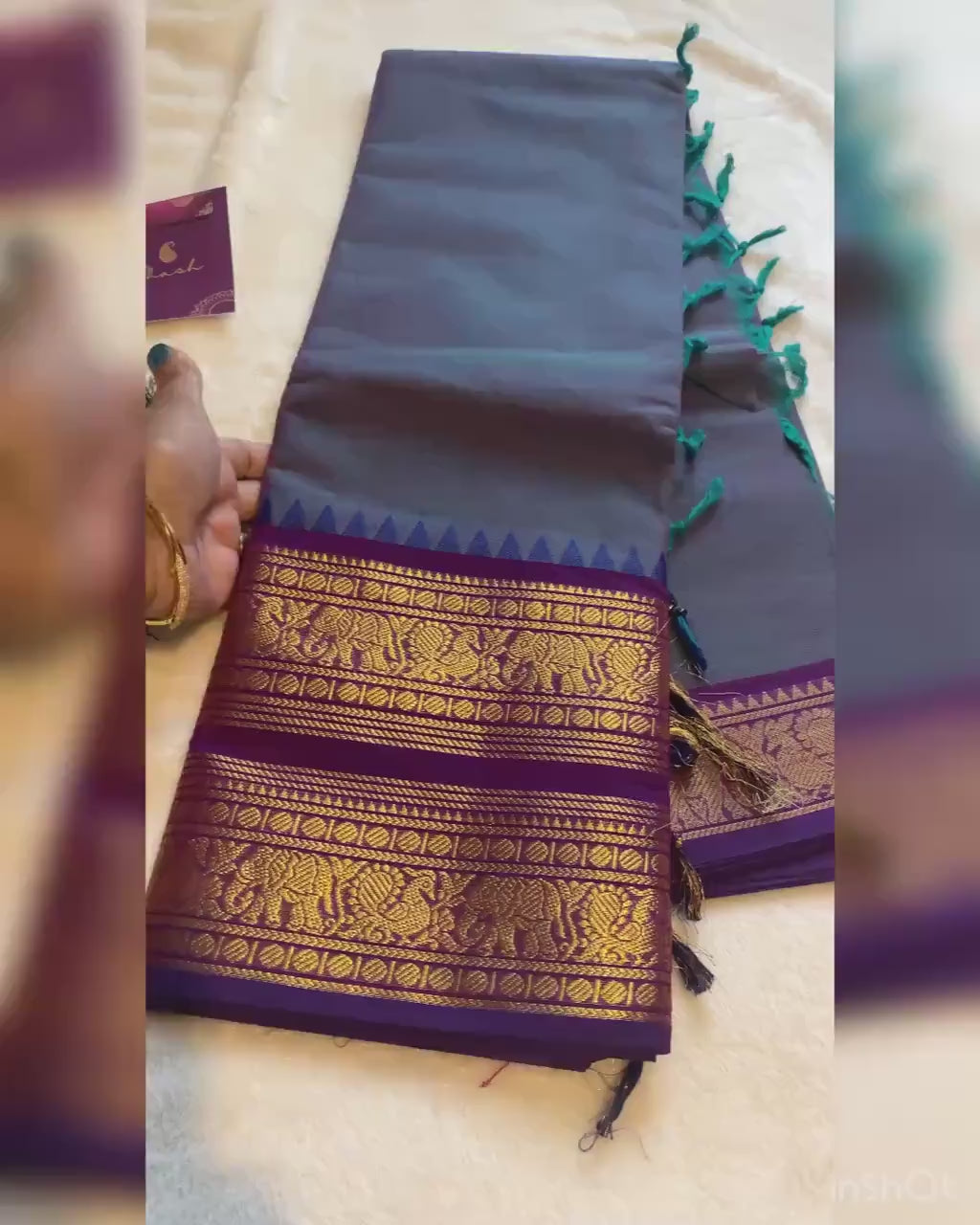 Pure Kanchi Cotton Saree – Dual-Tone Greenish Blue with Purple Double Gold Border