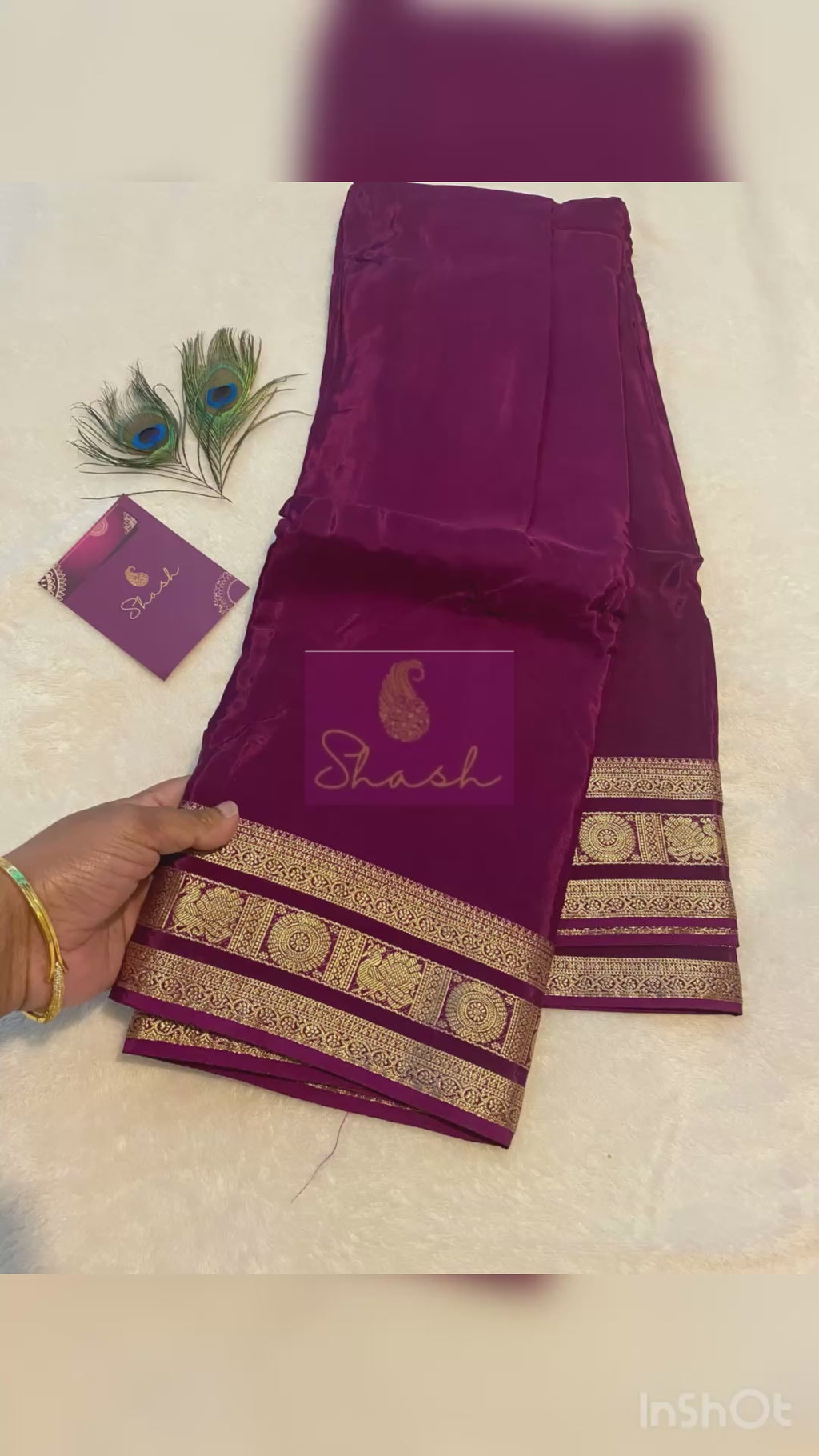 Purple Satin Crepe Saree with Traditional Gold Zari Border