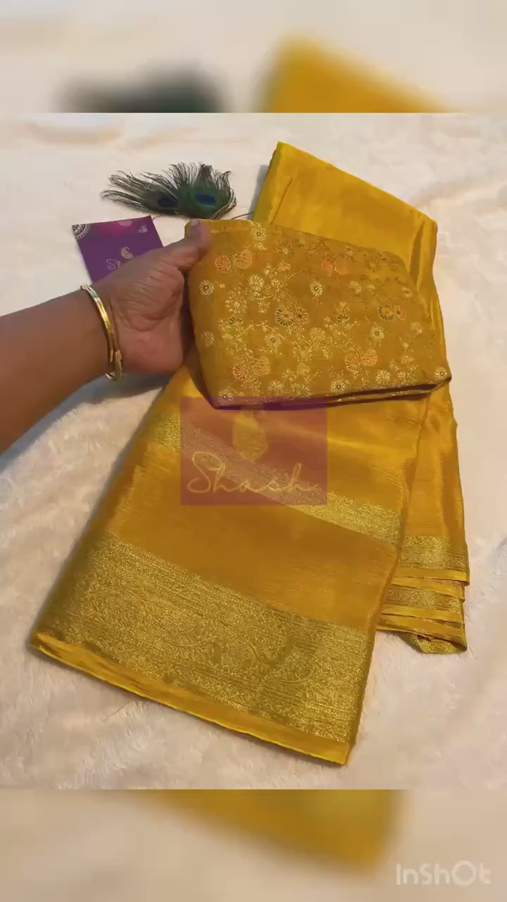 Mustard Satin Crush Saree with Floral Blouse