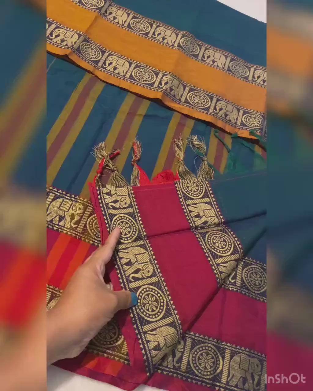 Narayanpet Pure Cotton Dual-Tone Saree with Ganga-Jamuna Border | Peacock Green & Red-Mustard | Blouse NOT Included | UK