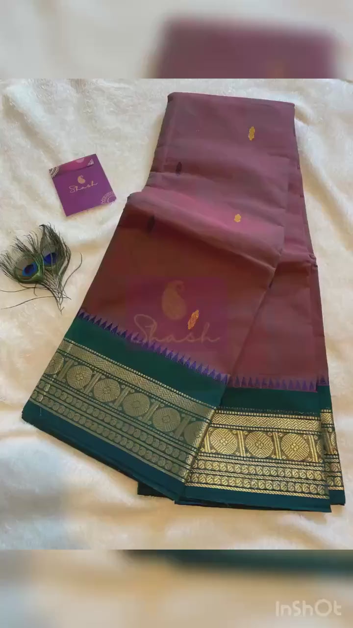 Dual-Tone Brownish Maroon Pure Kanchi Cotton Saree with Green & Gold Border