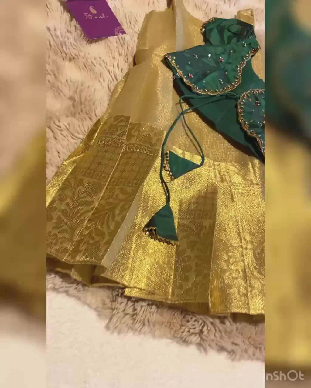Green & Golden Tissue Silk Pattu Pavada for Kids 1–2 Y