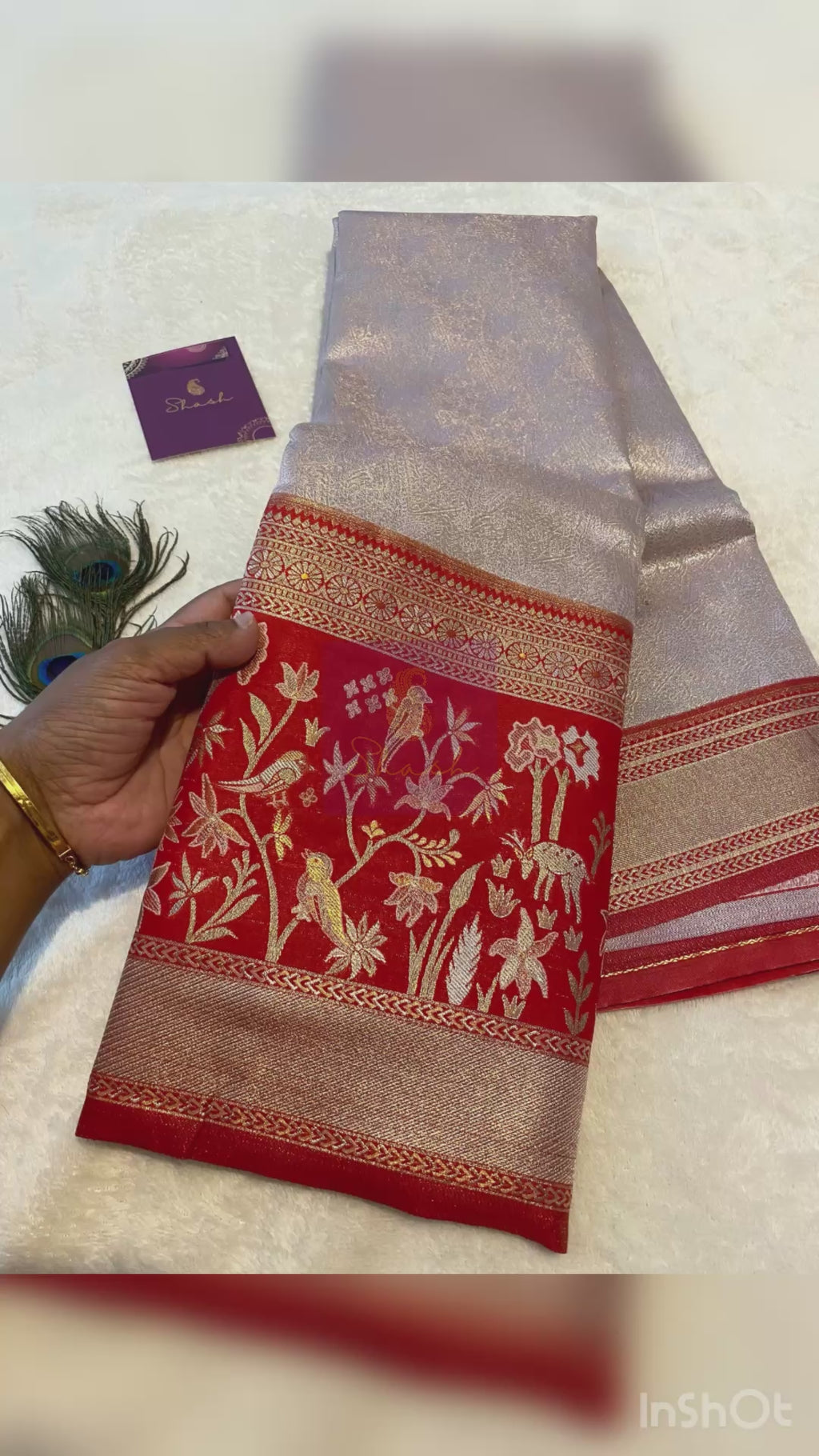 Light Peach Semi-Kanchipuram Silk Saree with Red Floral Zari Border