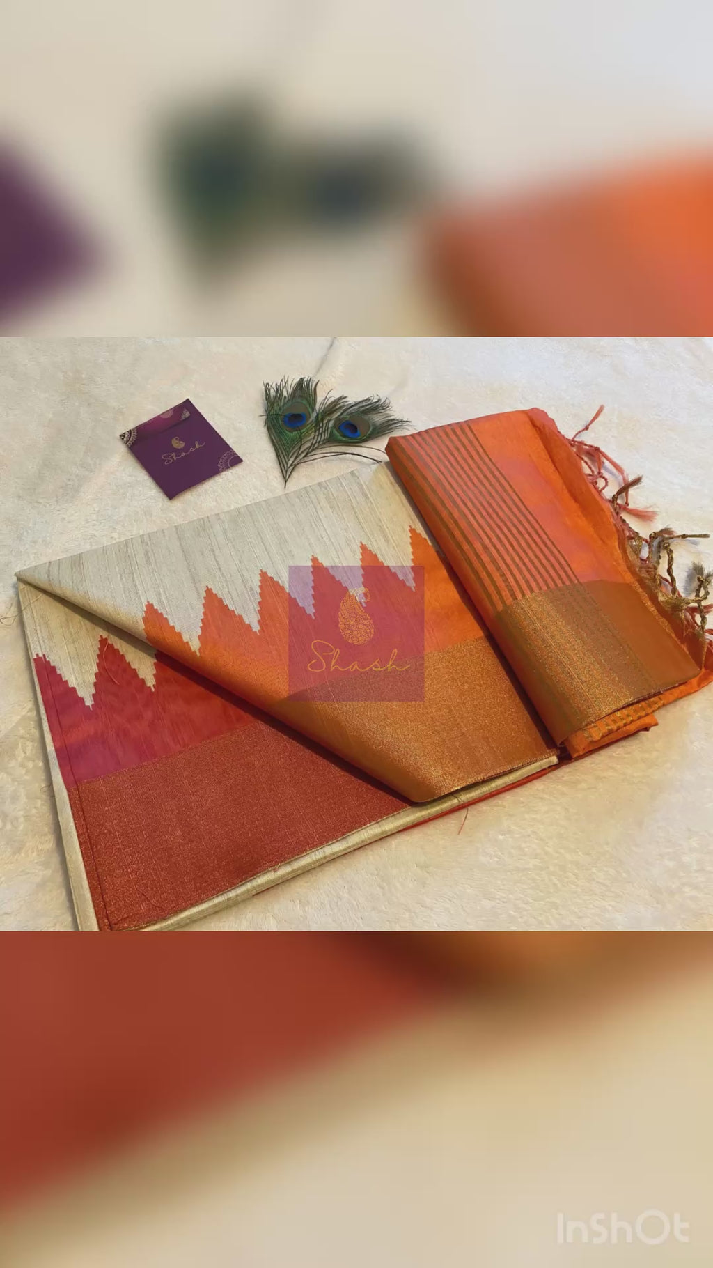 Cream Semi-Jute Tussar Saree with Ganga Jamuna Temple Border