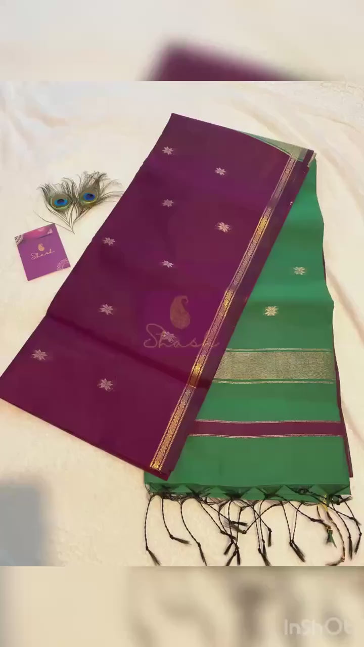 Maheshwari Cotton Silk Saree – Deep Purple with Green Pallu & Blouse