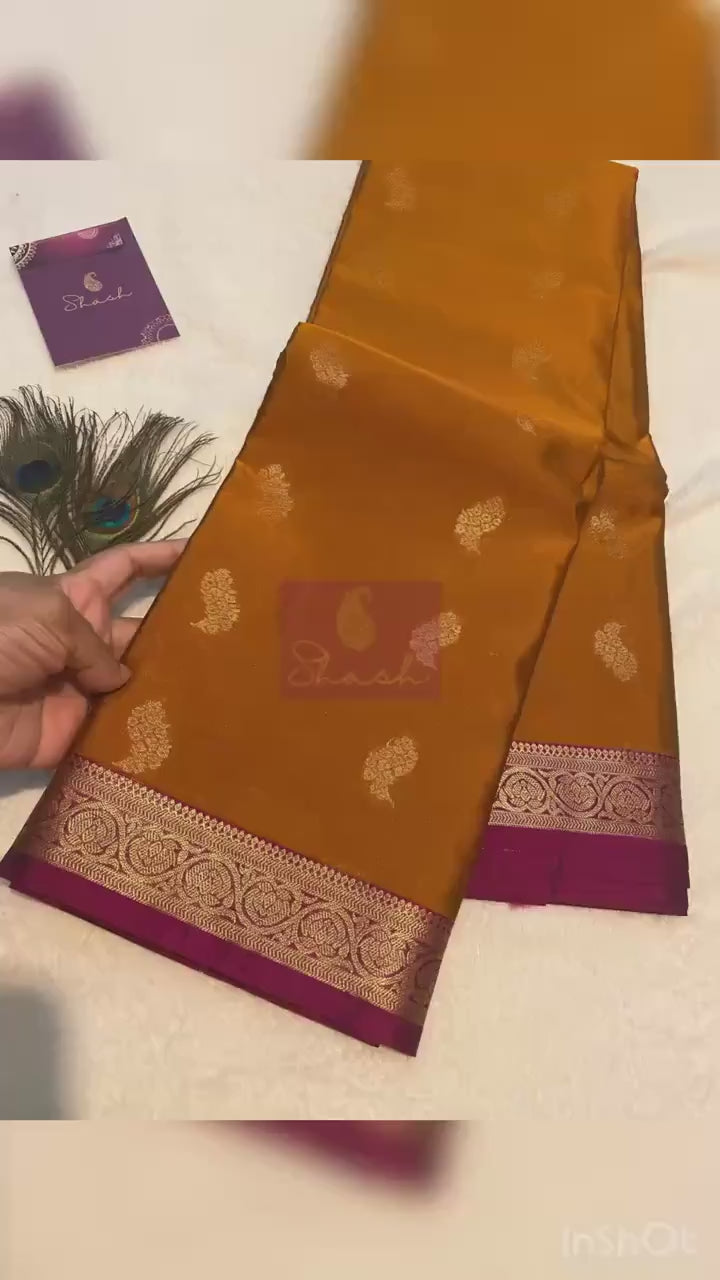 Golden Mustard Semi-Kanchipuram Silk Saree with Gold Zari Motifs & Magenta Border