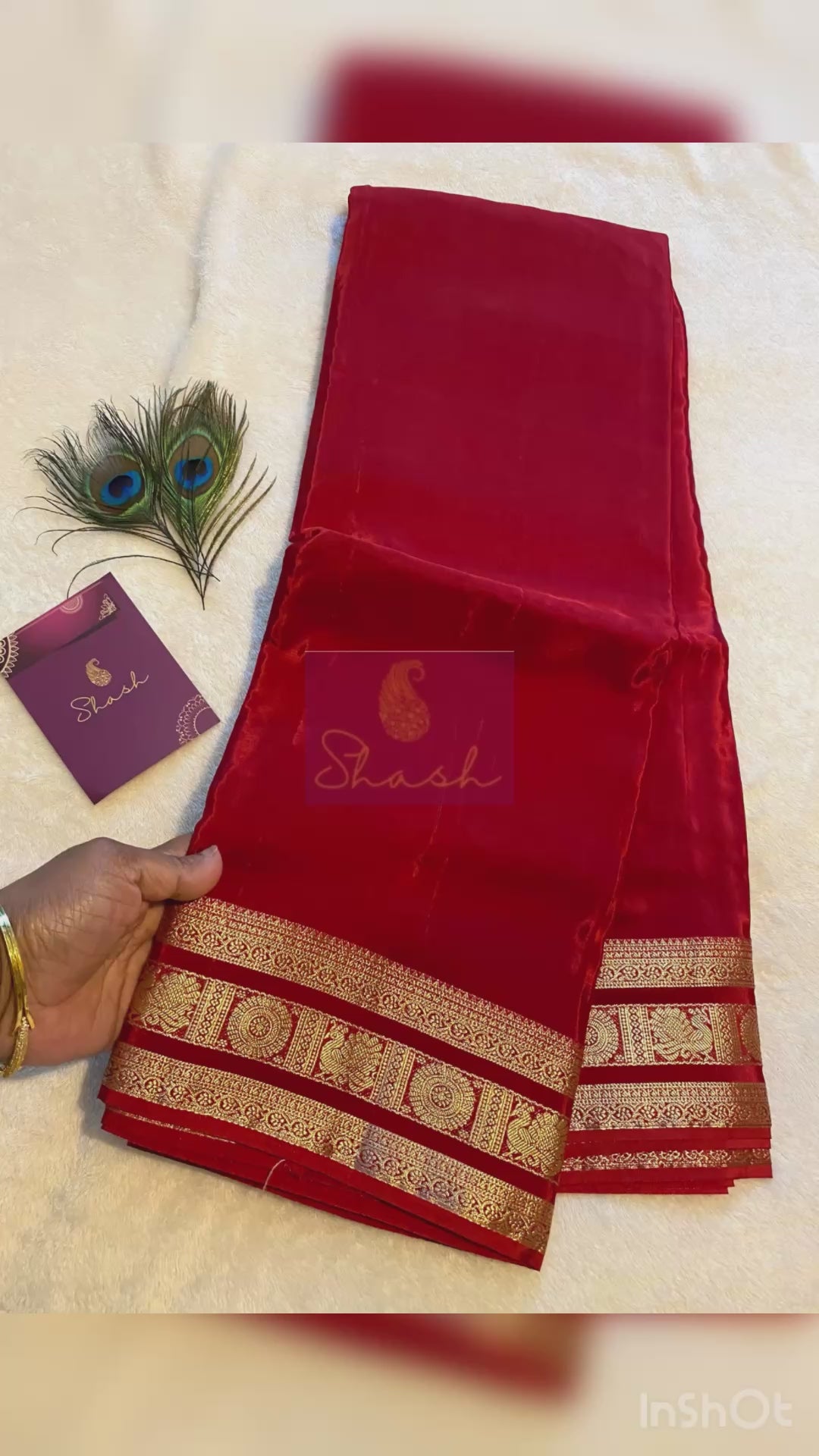 Red Satin Crepe Saree with Traditional Gold Zari Border
