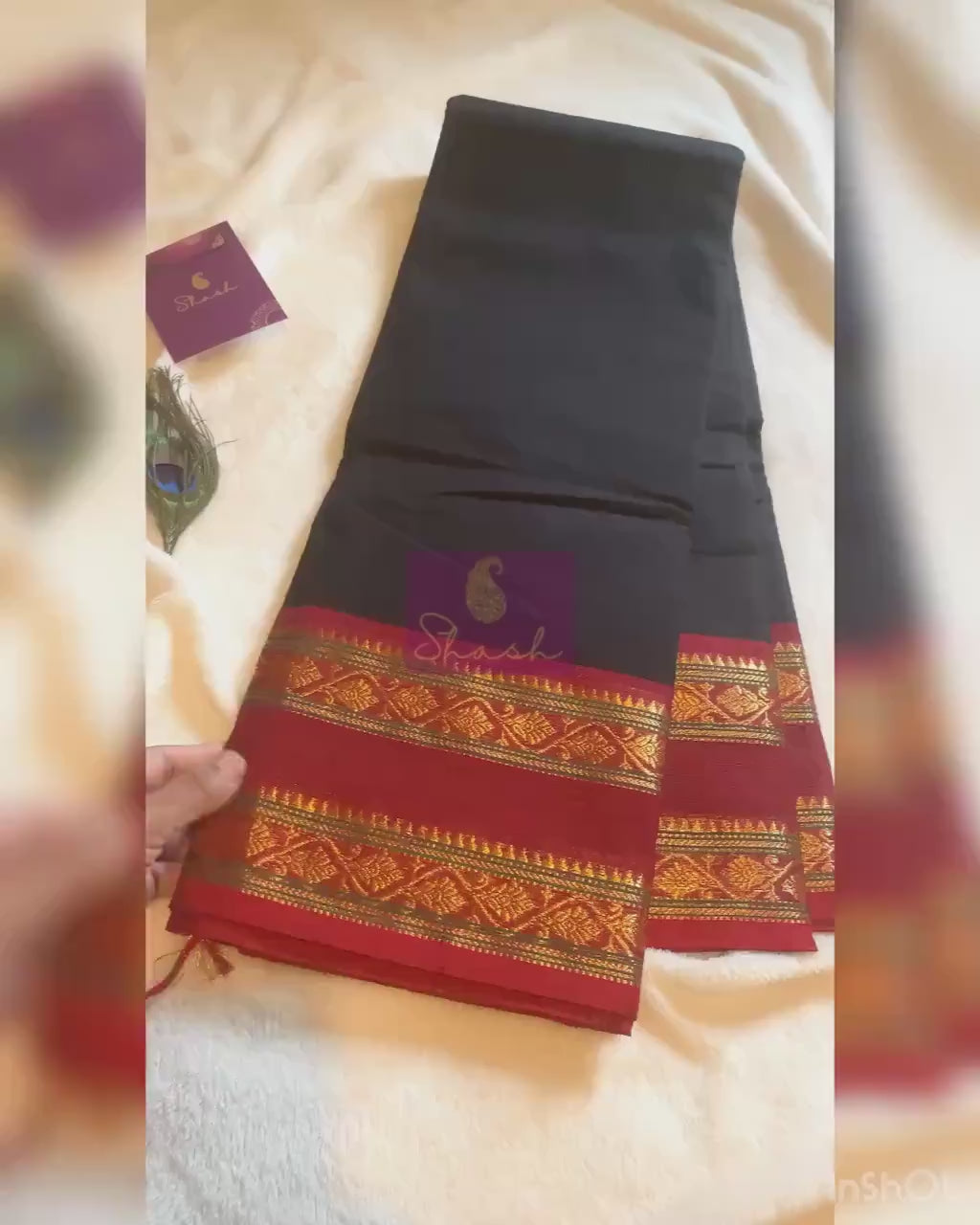 Pure Kanchi Cotton Saree | Black with Red Signature Kanchi Borders