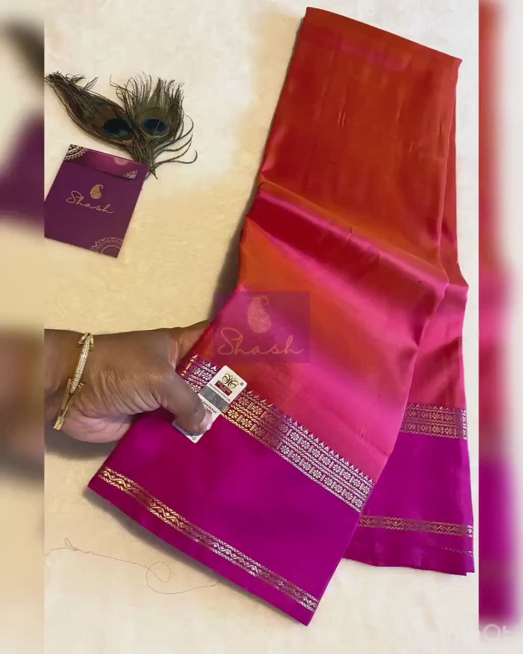 Pure Kanchipuram Silk Saree  | Dual Tone Orange and Pink with Magenta Border