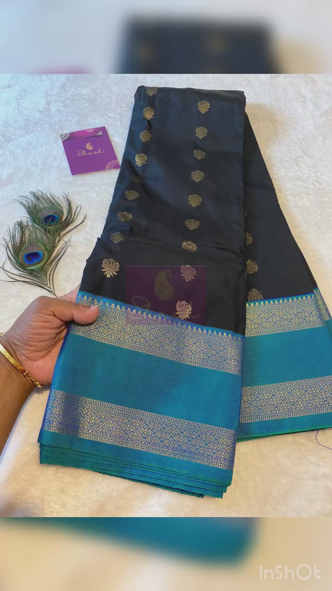 Black Premium Semi-Kanchipuram Silk Saree with Peacock Blue Zari Border & Gold Zari Motifs