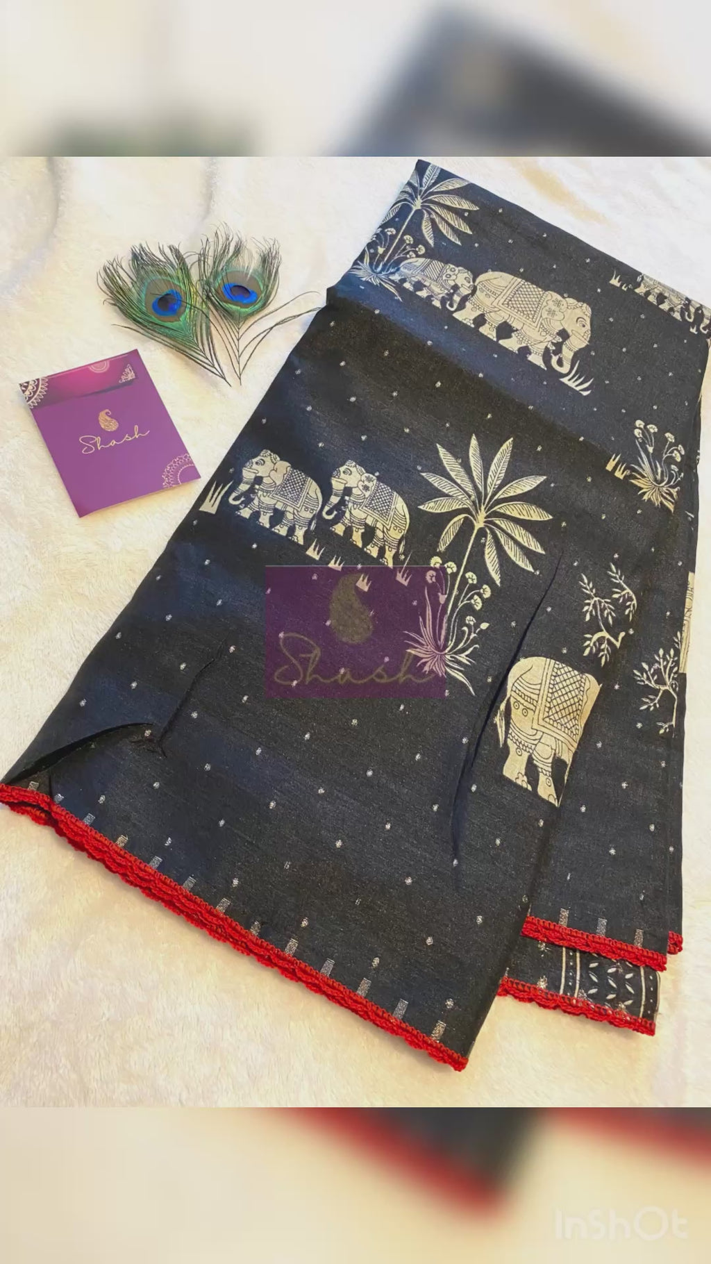 Black Fancy Cotton Saree with Elephant Motif | Elegant Ethnic Wear with Contrast Red Border