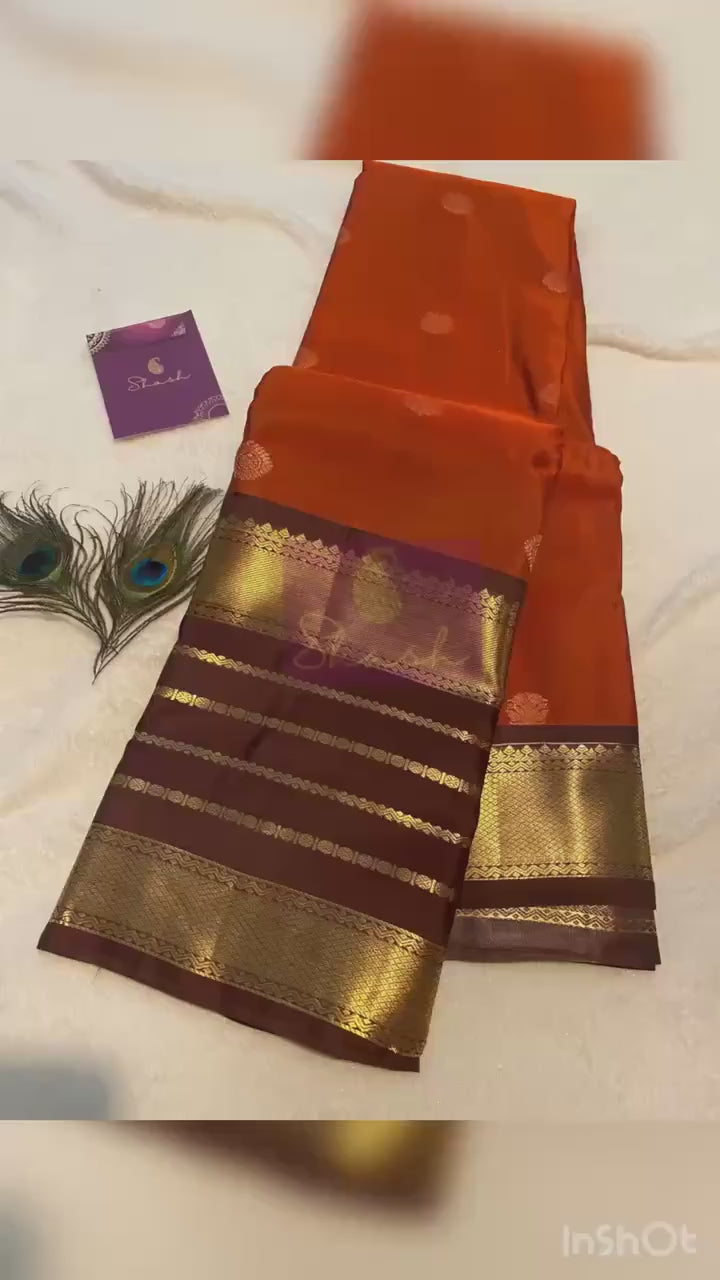 Premium Rust Orange Semi-Kanchipuram Silk Saree with Chocolate Brown Border