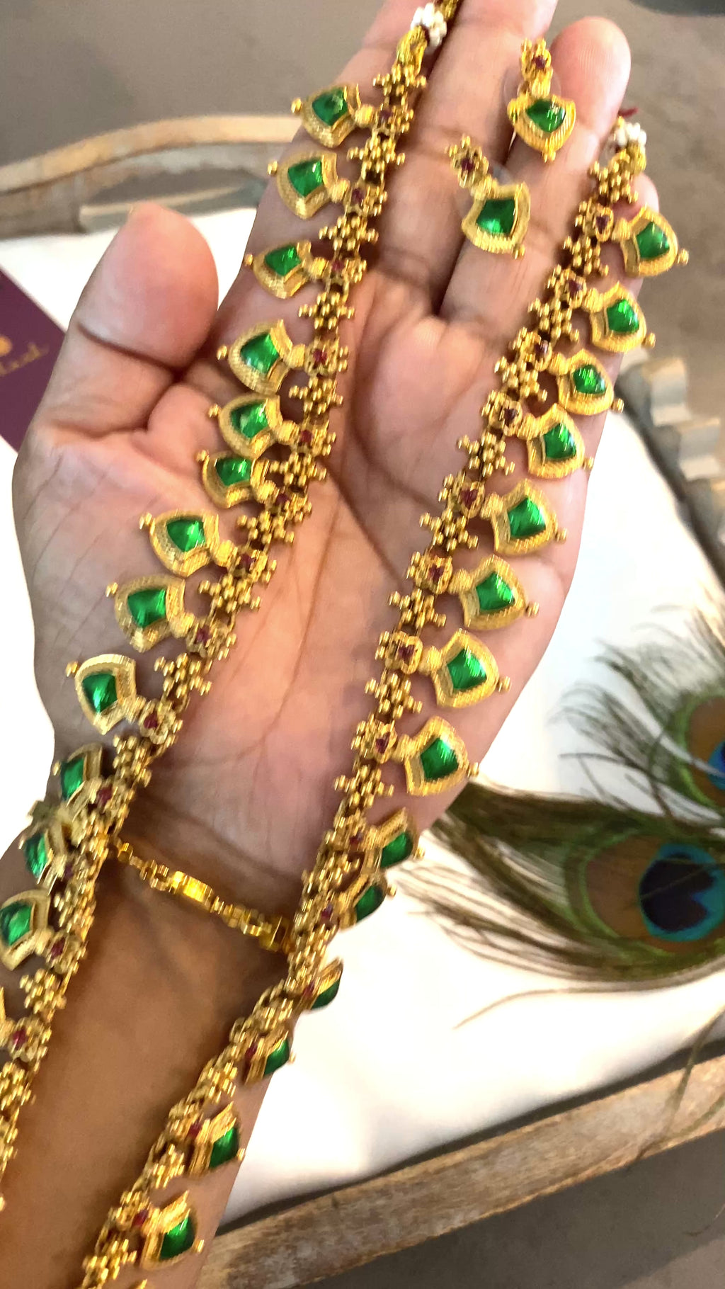 Green Palakka Haram Necklace Set | Traditional Kerala Jewelry