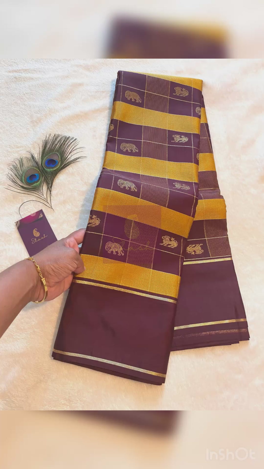 Dark Chocolate Brown Semi-Kanchipuram Silk Saree with Traditional Woven Motifs & Gold Zari Pallu