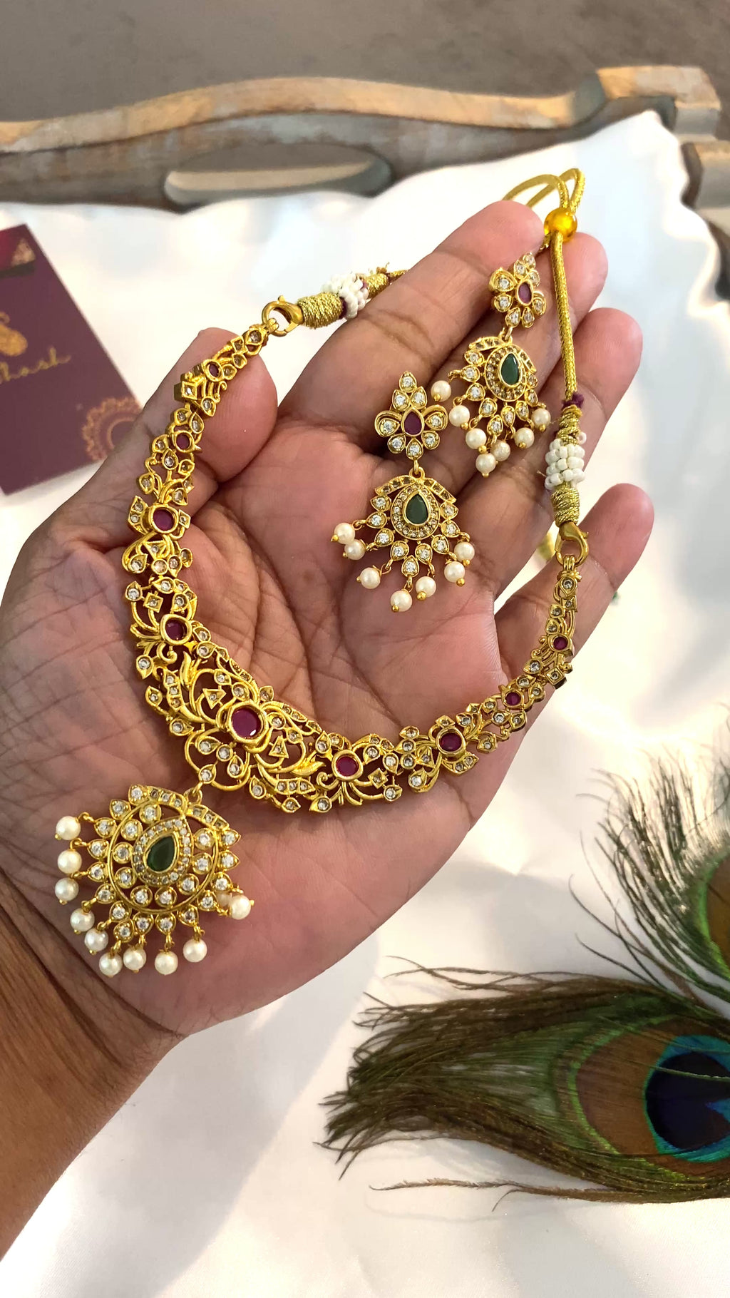 Traditional U-Shape Necklace Set with Earrings – Green & Ruby Stone with Pearl Accents