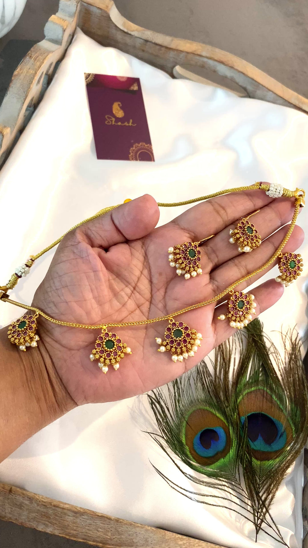 Traditional Green & Pink Stone Pearl Necklace Set with Earrings