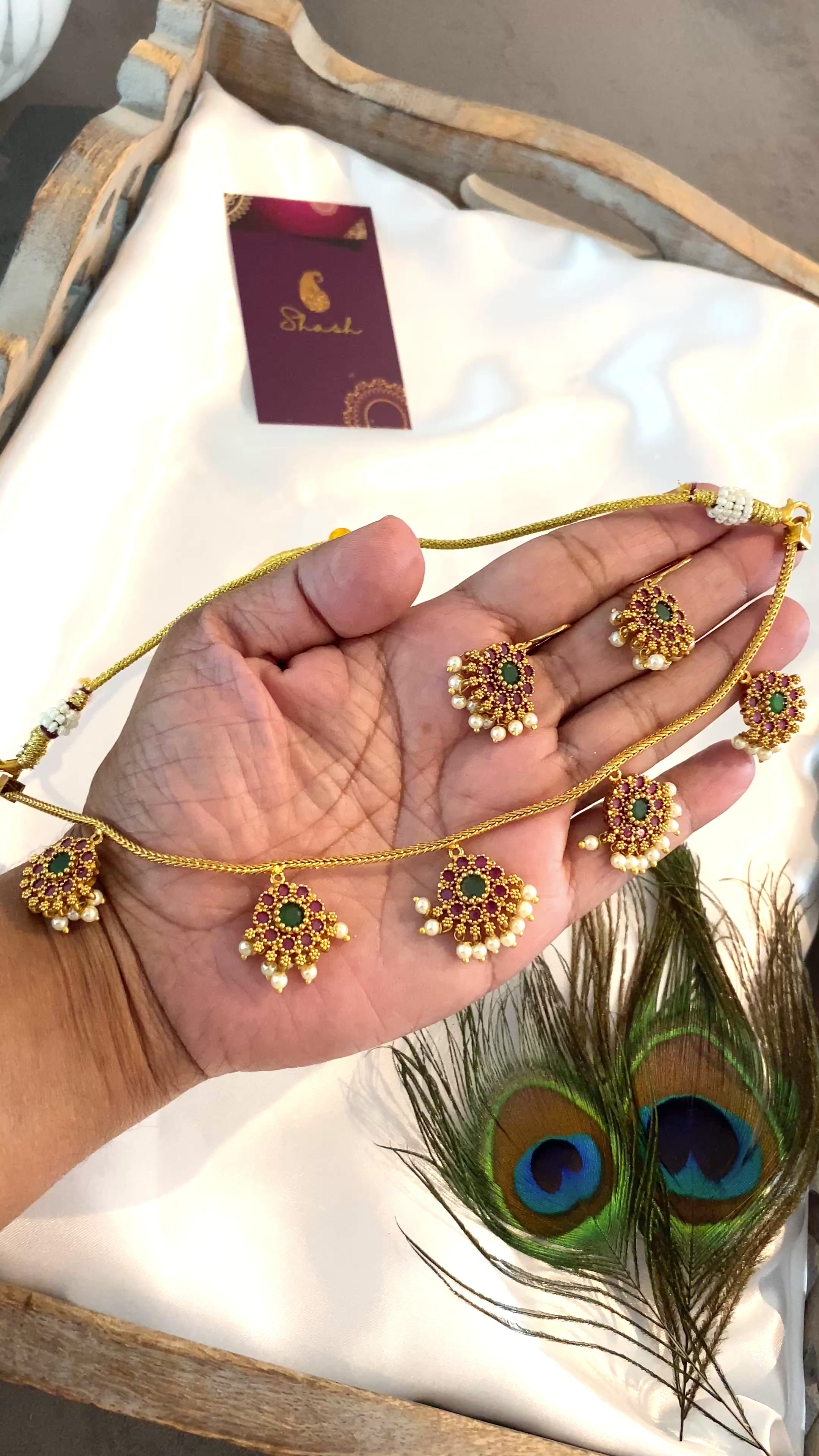 Traditional Green & Pink Stone Pearl Necklace Set with Earrings