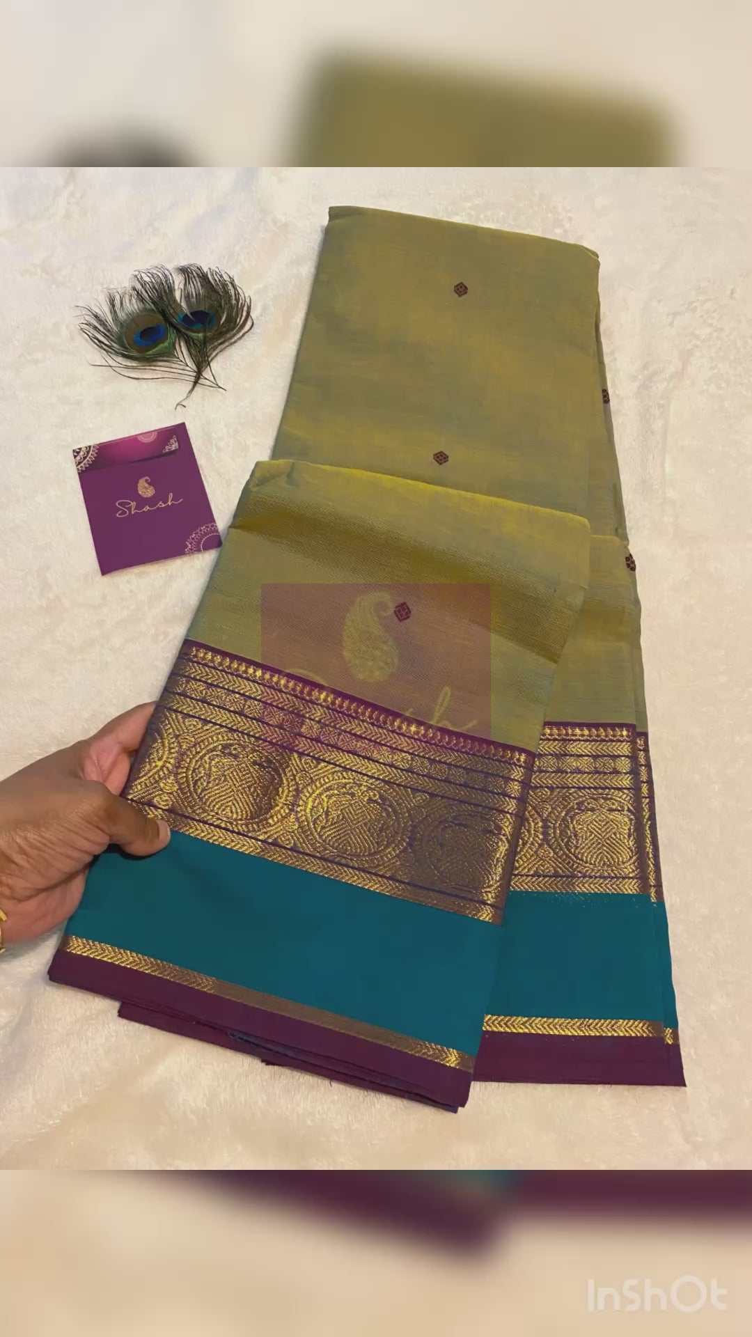 Pure Kanchi Cotton Saree | Olive Green with Contrast Blue Border
