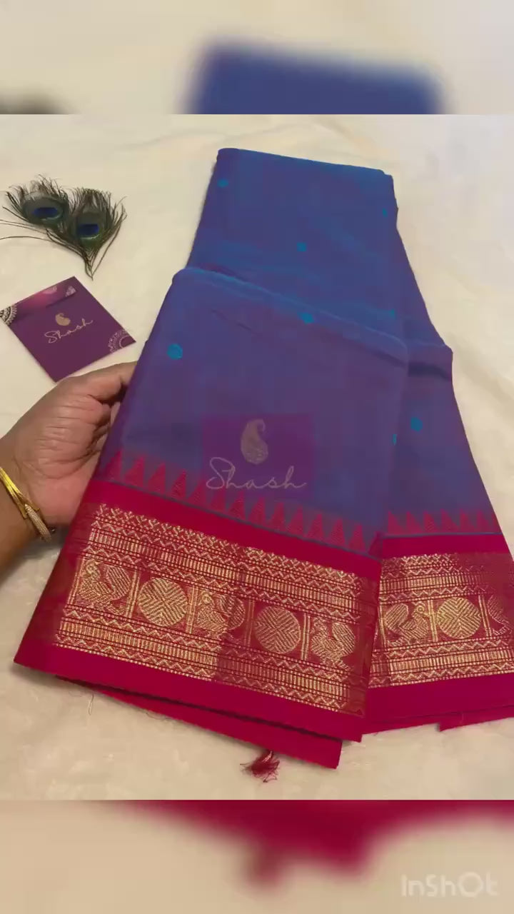 Pure Kanchi Cotton Saree – Blue with Subtle Pink Undertones & Pinkish-Red Contrast Borders