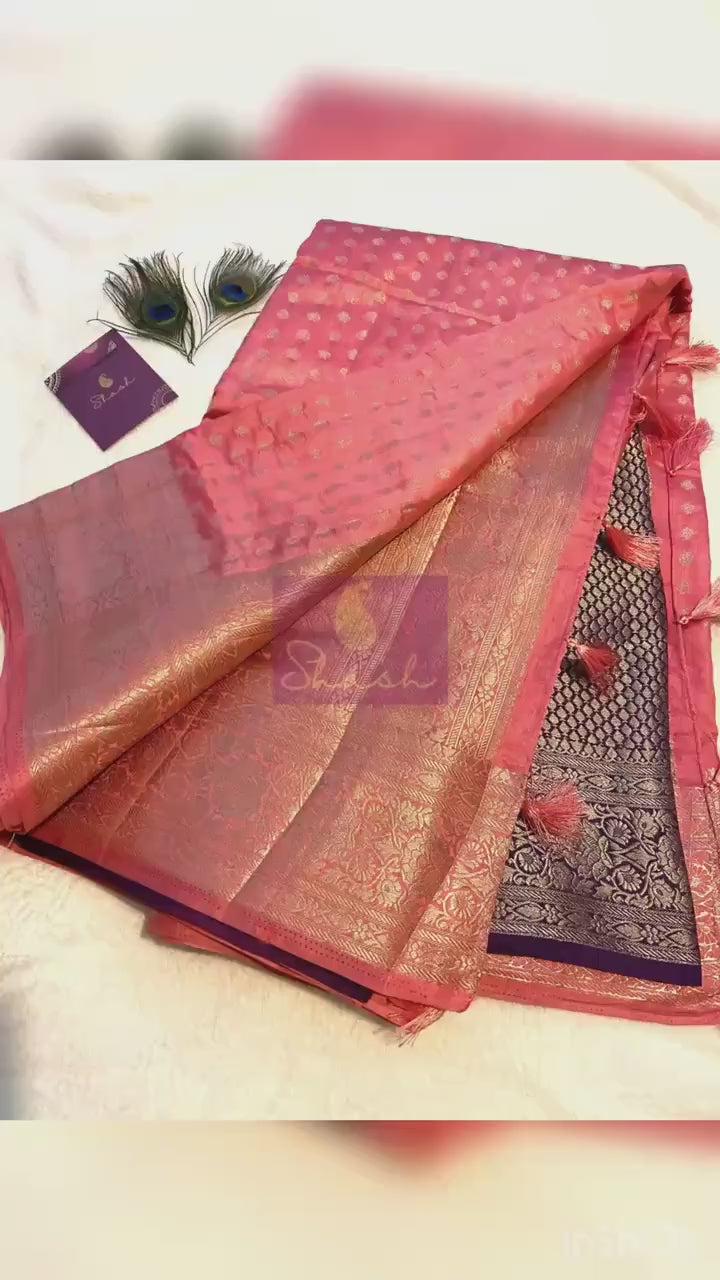 Coral Pink Fancy Tussar Silk Saree with Deep Purple Brocade Blouse | Lightweight Wedding & Festive Wear | UK