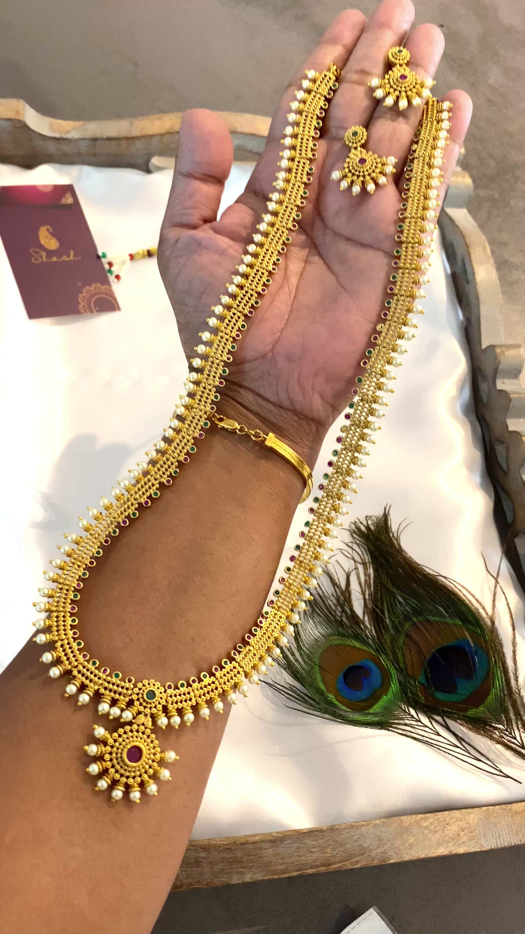 Traditional Temple Haram Necklace Set with Pearl Drops