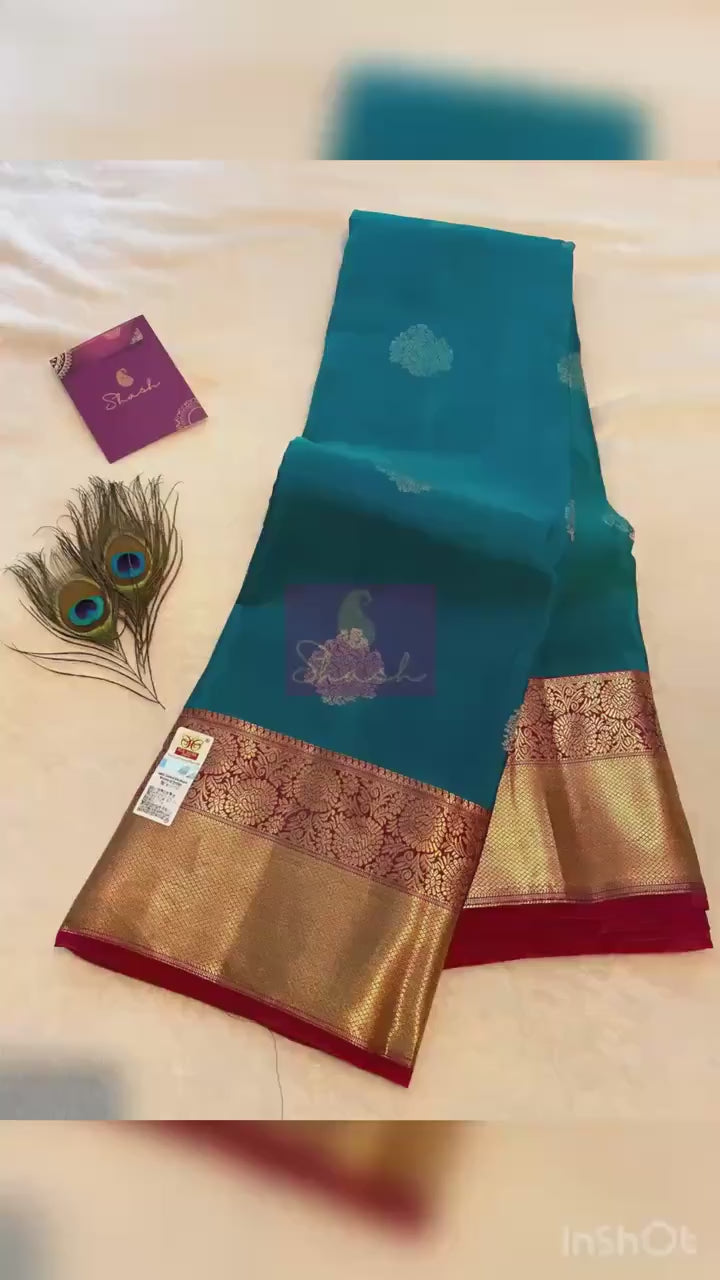 Pure Kanchipuram Silk Saree | Peacock Blue Dual Tone with Maroon Zari Border