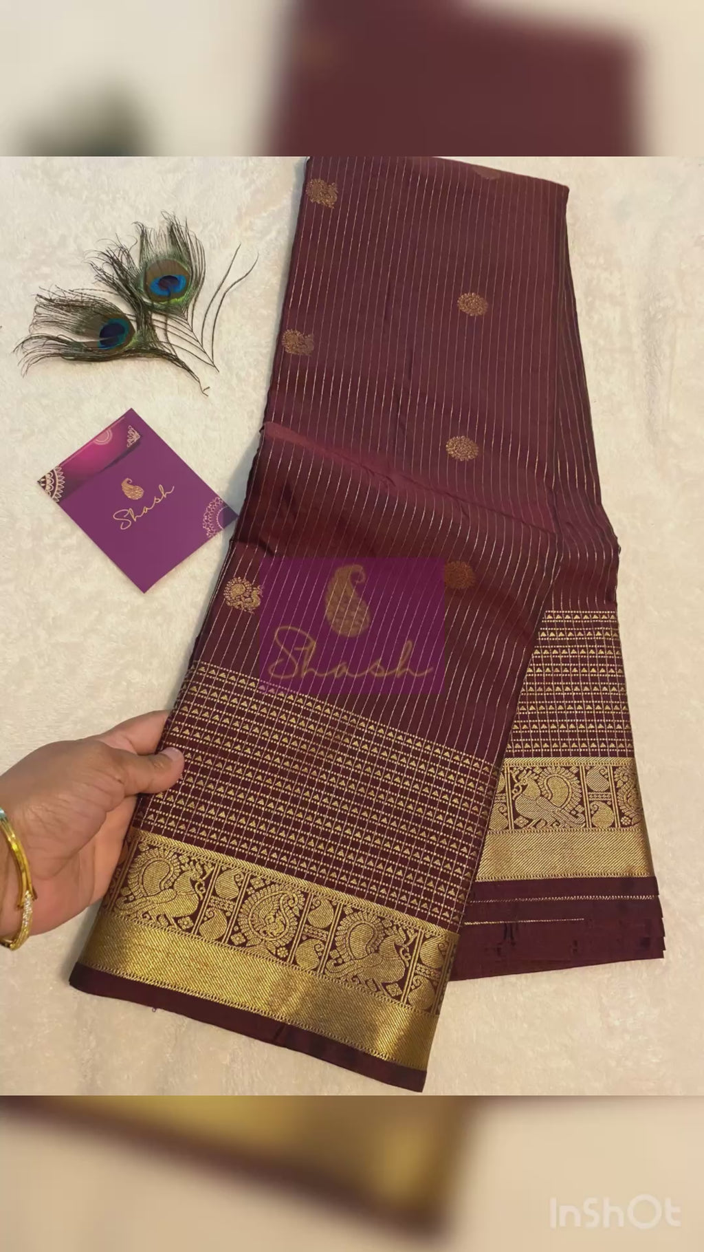 Coffee Maroon & Antique Gold Semi-Kanchipuram Silk Saree with Peacock Border