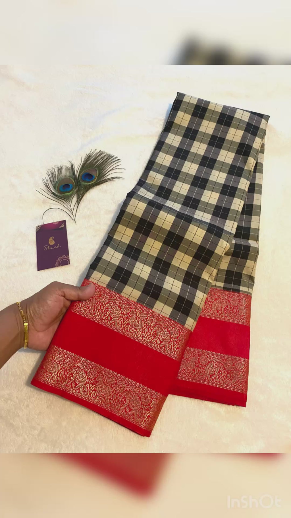 Semi-Kanchipuram Silk Saree with Checked Body, Rich Red Pallu & Gold Zari Border
