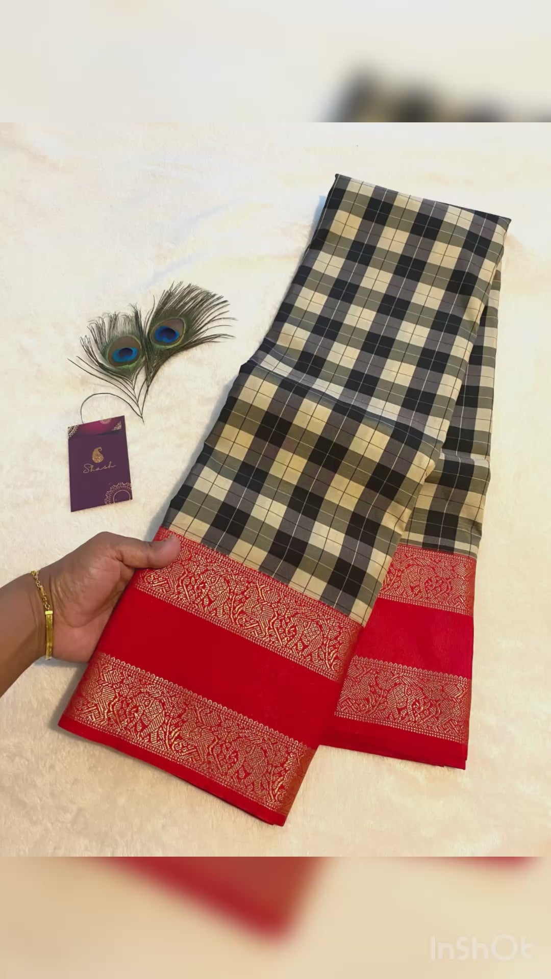 Semi-Kanchipuram Silk Saree with Checked Body, Rich Red Pallu & Gold Zari Border