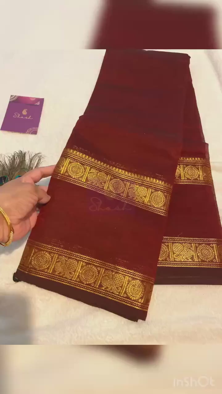 Dark Maroon Pure Kanchi Cotton Saree | Monotone Elegant Traditional Saree