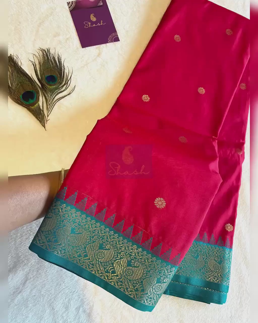 Pinkish-Red Semi Kanchipuram Silk Saree with Green Pallu
