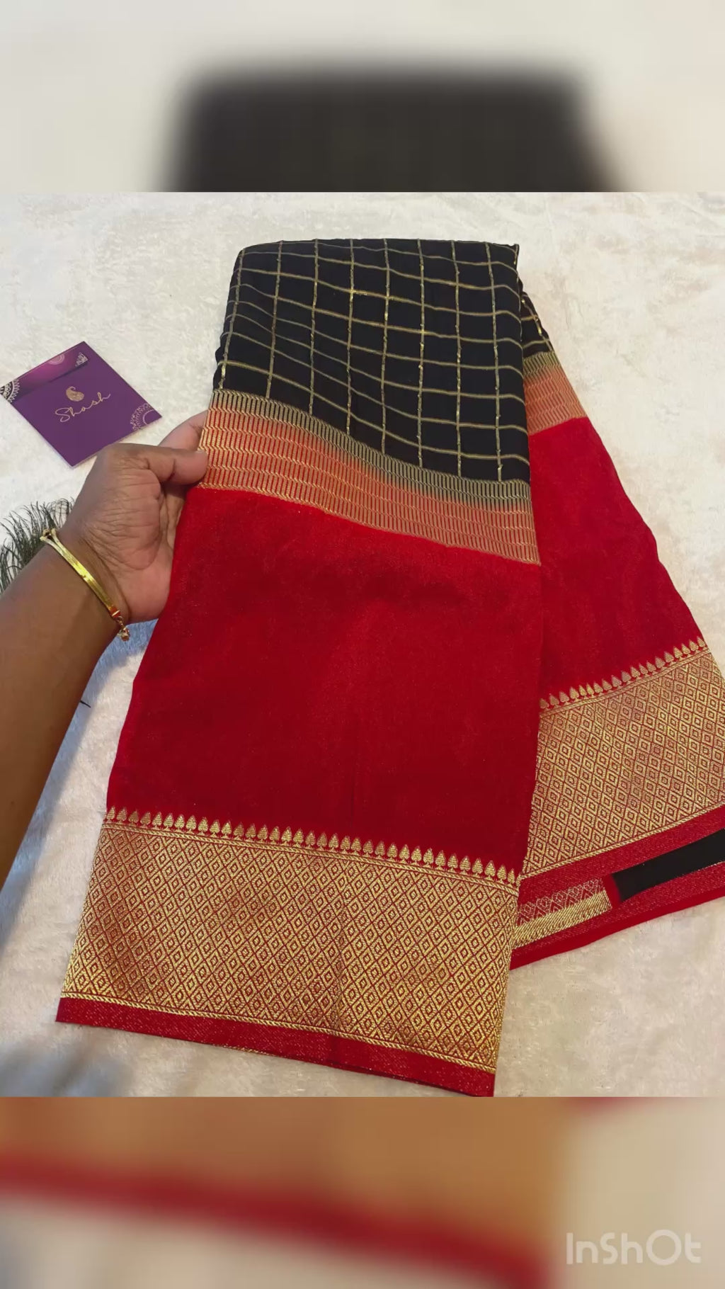 Georgette Saree in Black & Red with Gold Zari Checks