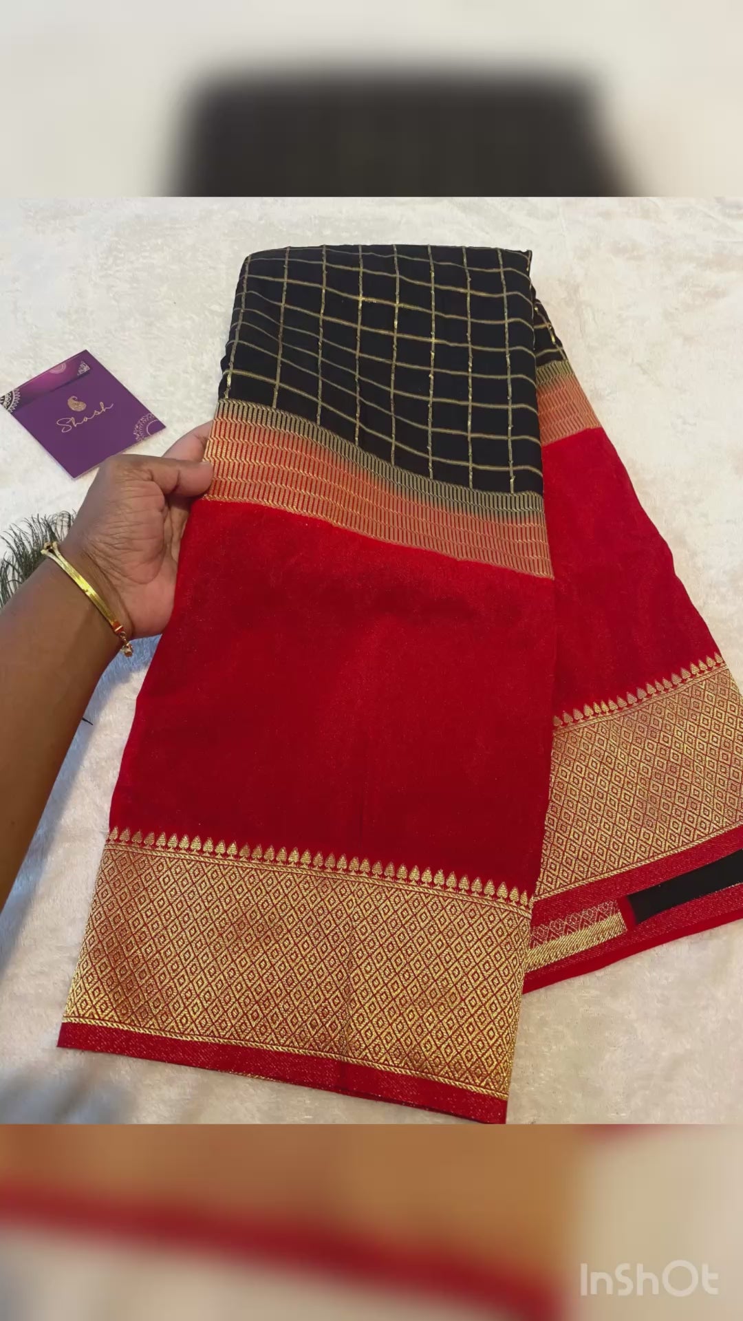 Georgette Saree in Black & Red with Gold Zari Checks