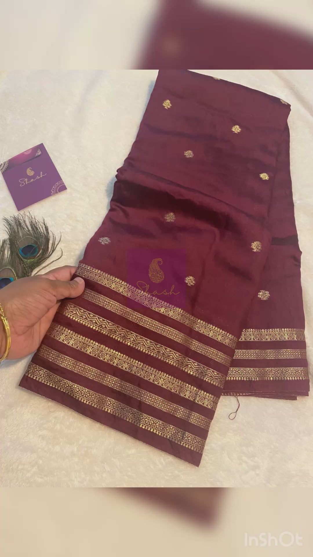 Rusty Maroon Assam Silk Saree with Gold Zari Border & Orange Blouse
