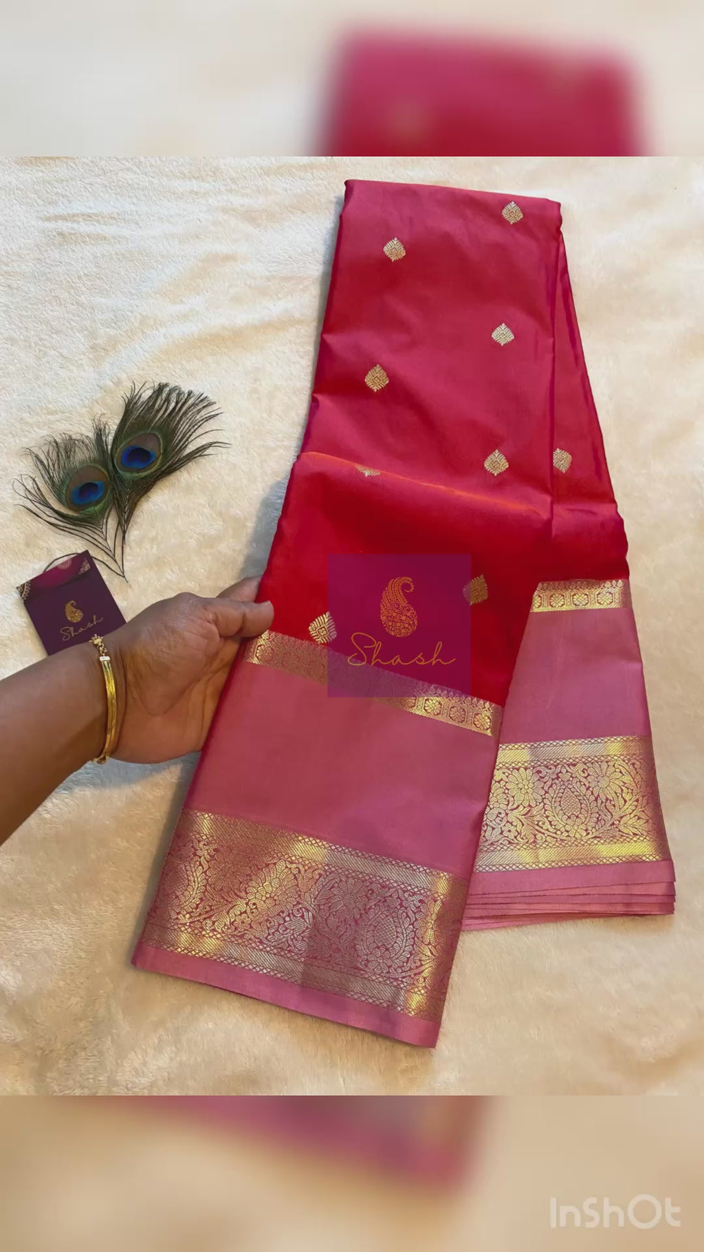 Semi-Kanchipuram Silk Saree in Dual-Tone Deep Pink & Orange with Rose Pink Pallu & Gold Zari Border