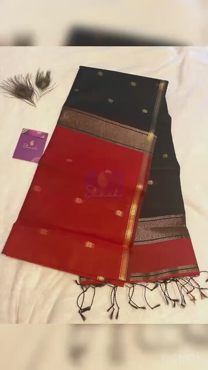 Maheshwari Cotton Silk Saree – Deep Maroon with Black Pallu & Blouse