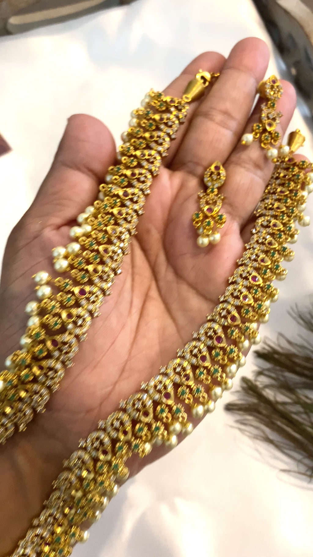 Multi-Color stones with Pearl Haram Set | Antique Gold Long Necklace
