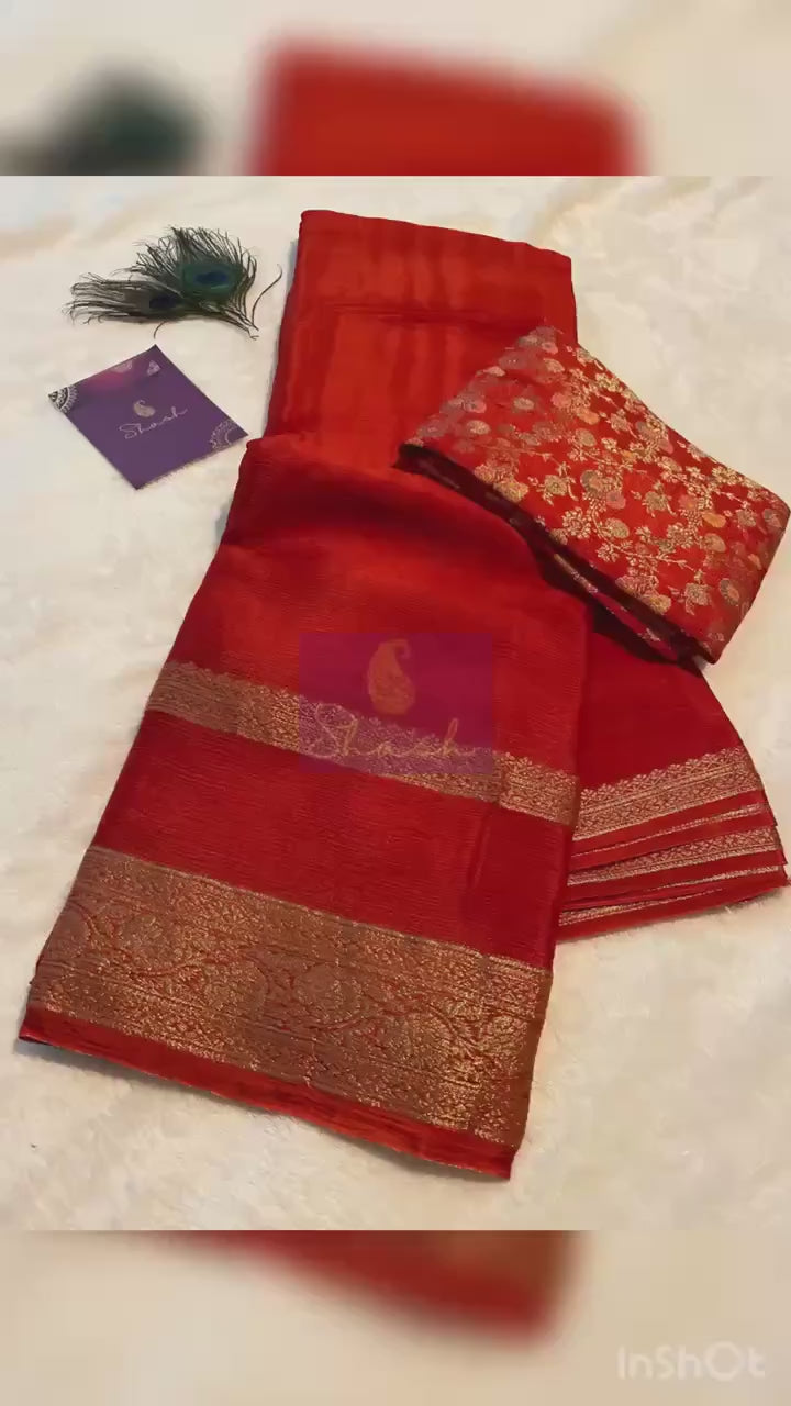 Reddish Orange Satin Crush Saree with Floral Blouse