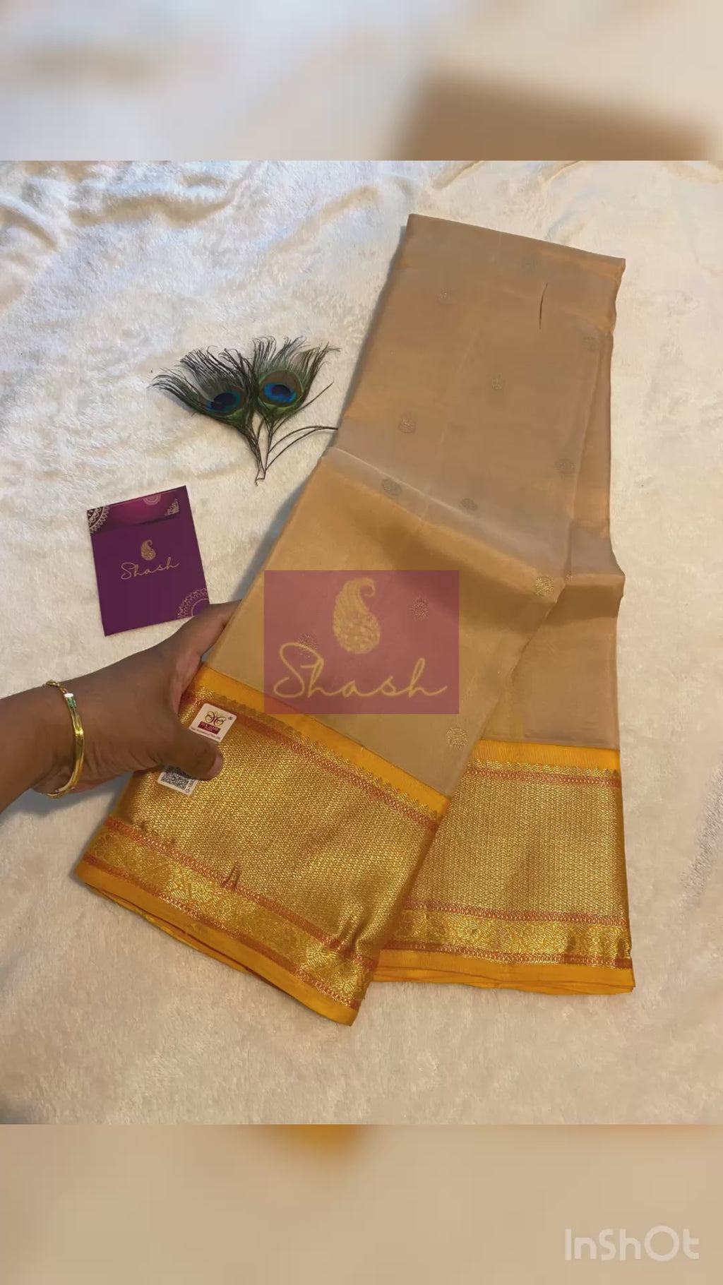 Pure Kanchipuram Silk Saree | Elegant Beige with Traditional Golden Yellow Zari Border