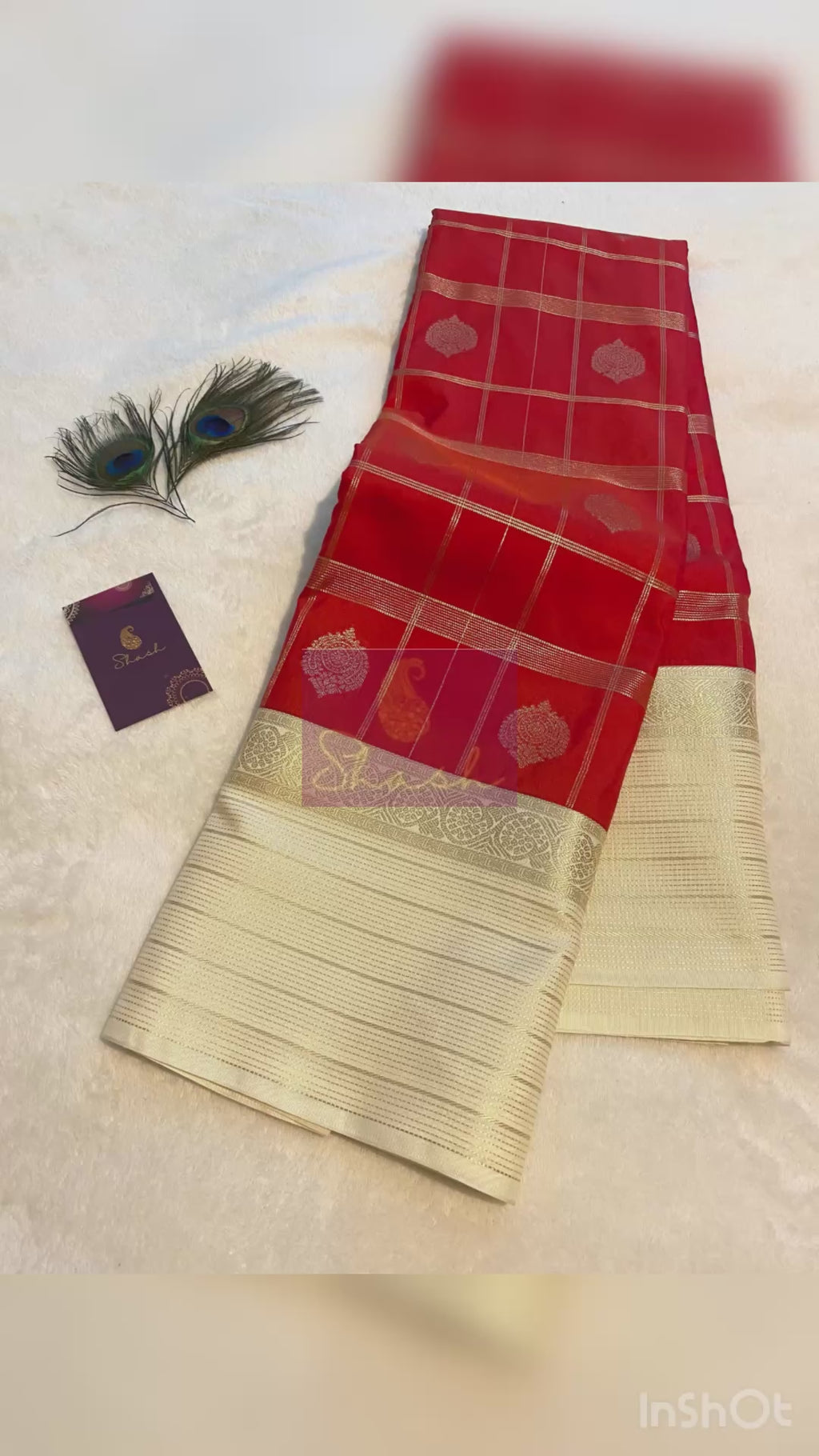 Semi-Kanchipuram Silk Saree in Red with Off-White Pallu & Gold Zari Border