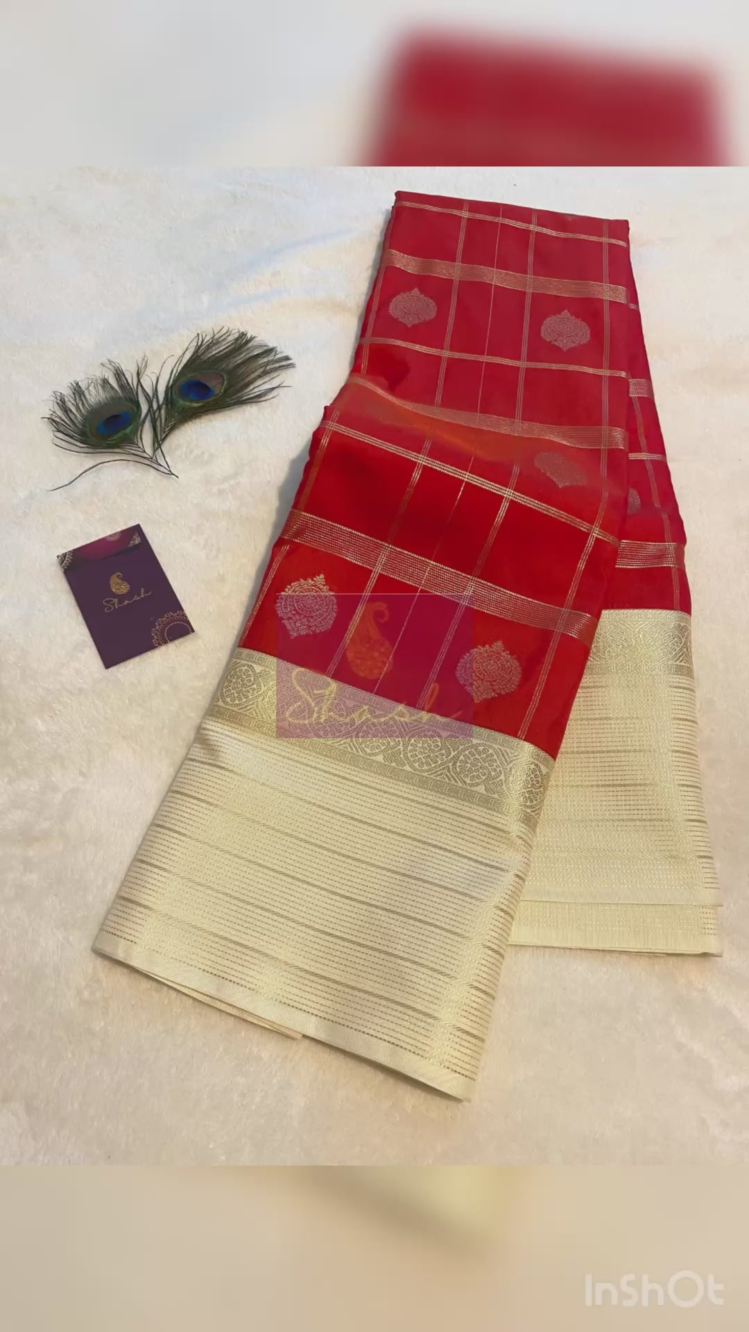 Semi-Kanchipuram Silk Saree in Red with Off-White Pallu & Gold Zari Border