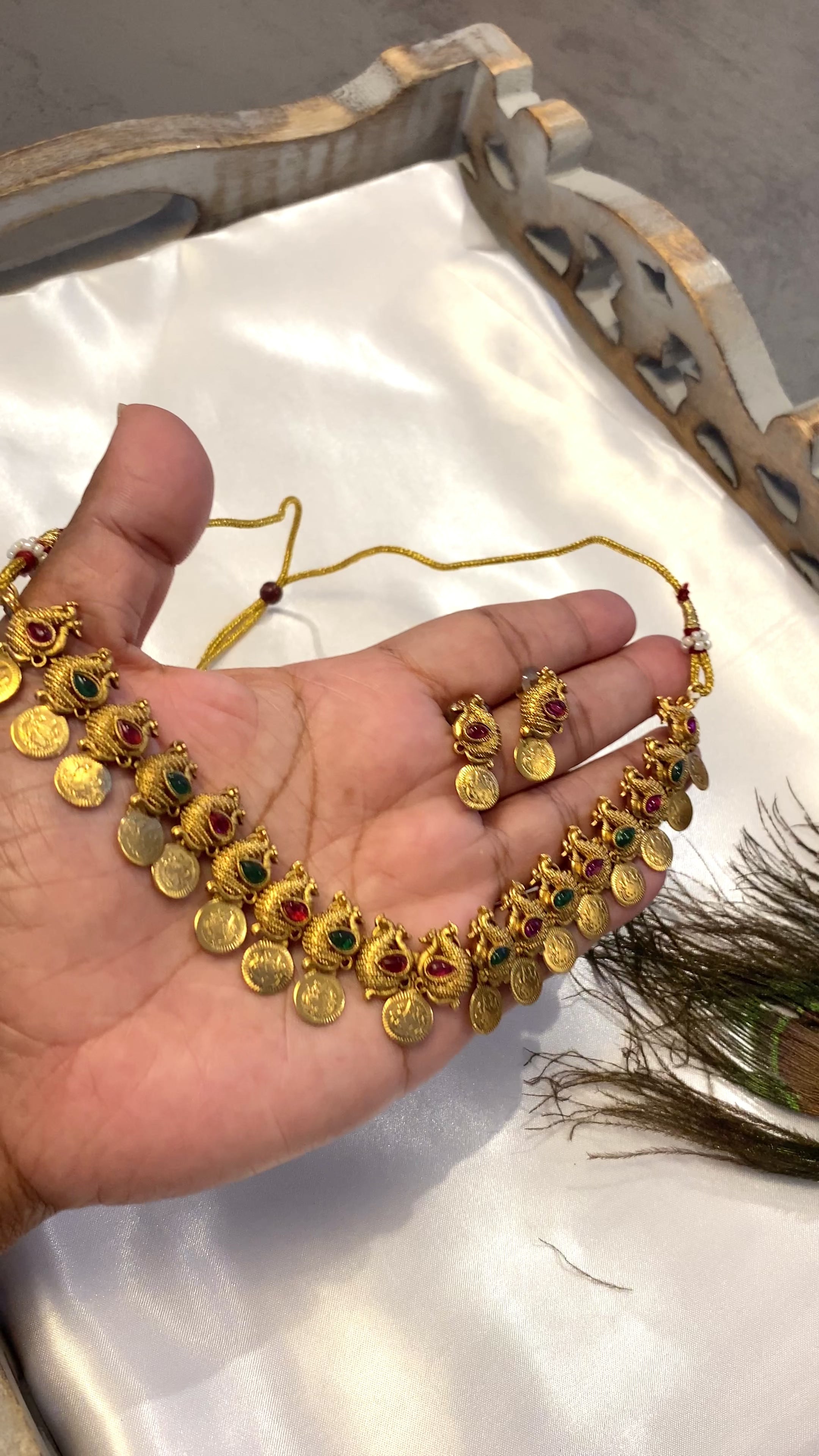Antique Gold-Tone Ruby & Green Temple-Style Necklace Set