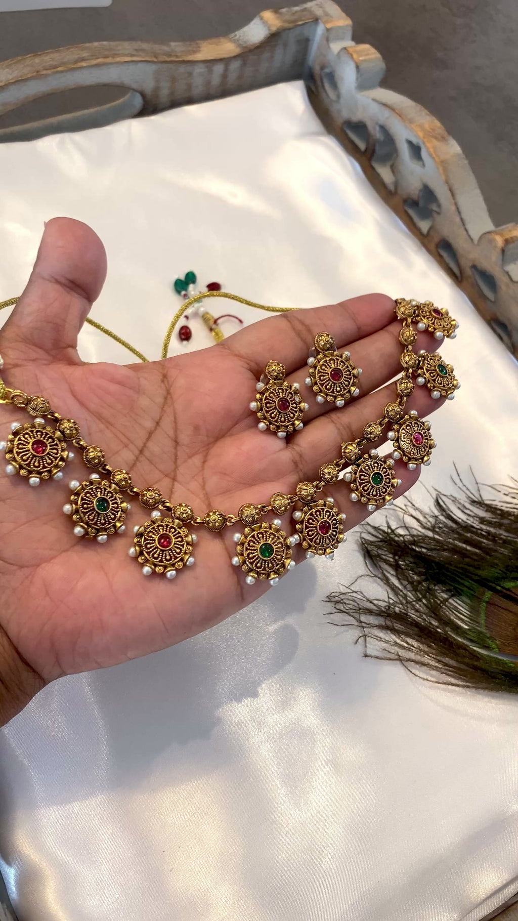 Antique Gold-Tone Ruby & Green Necklace Set | Traditional Indian Jewelry | Pearl Detail Necklace & Earrings