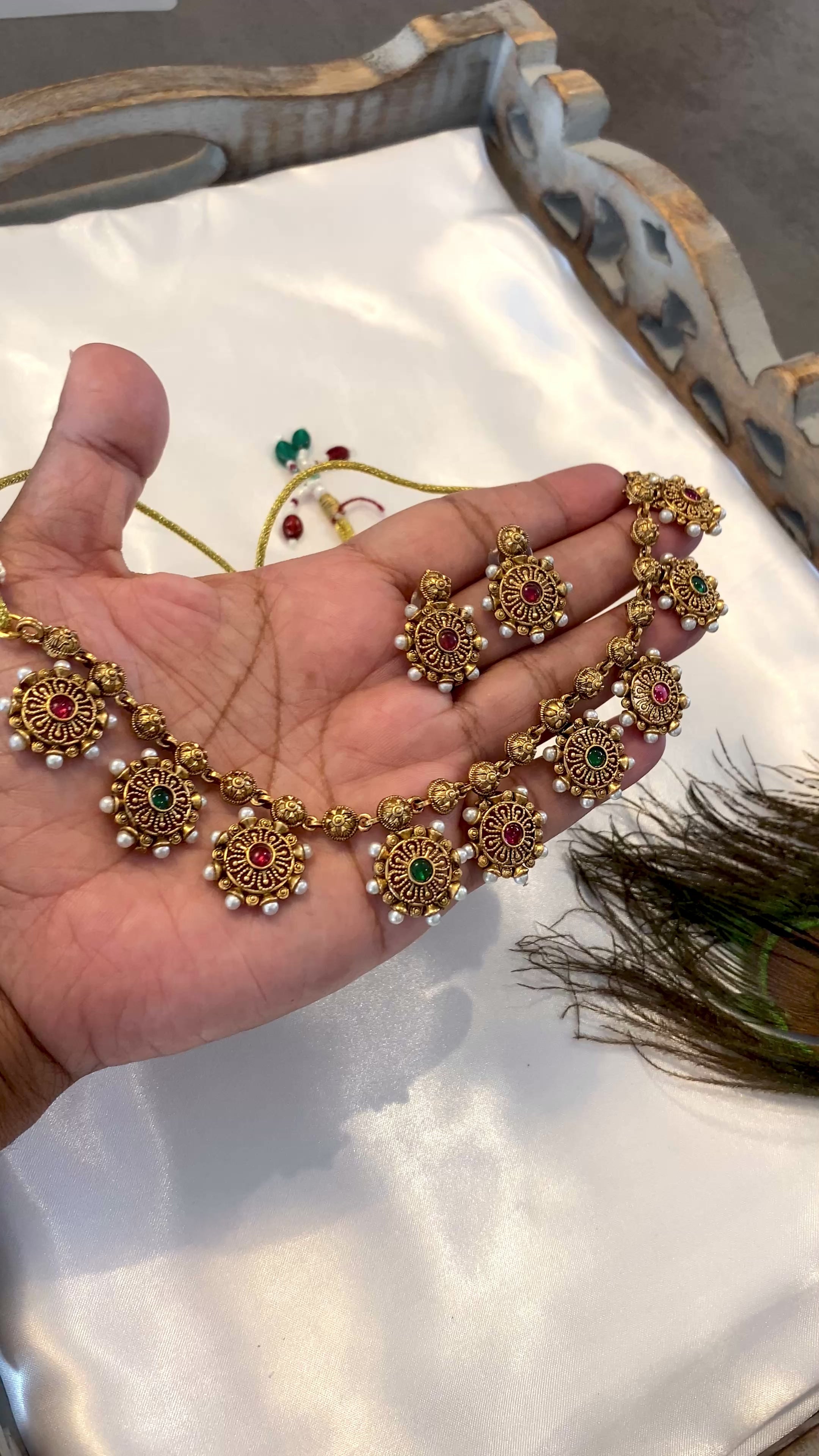 Antique Gold-Tone Ruby & Green Necklace Set | Traditional Indian Jewelry | Pearl Detail Necklace & Earrings