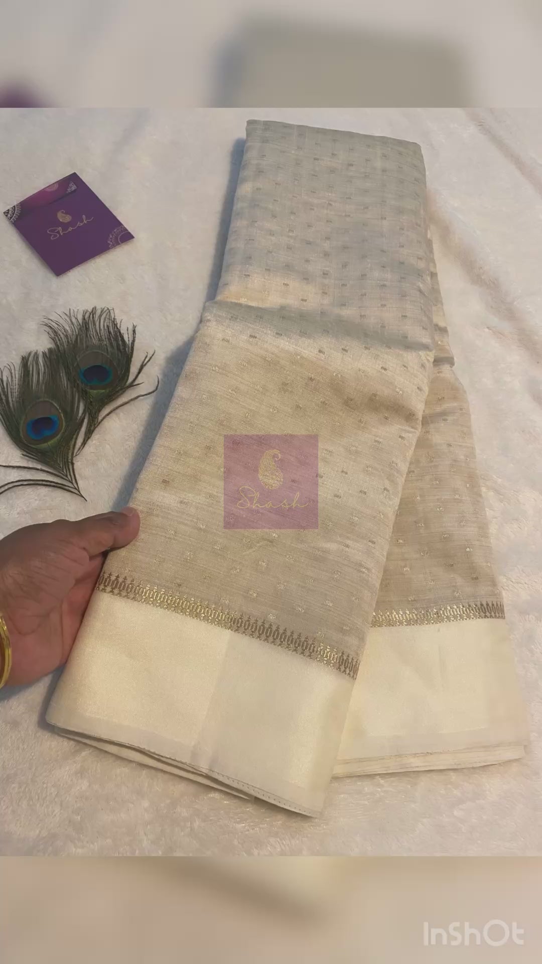 Beige Tussar Silk Saree with Satin Ivory Border & Woven Pallu