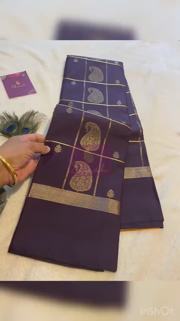Deep Plum Purple Semi-Kanchipuram Silk Saree with Mustard Pallu