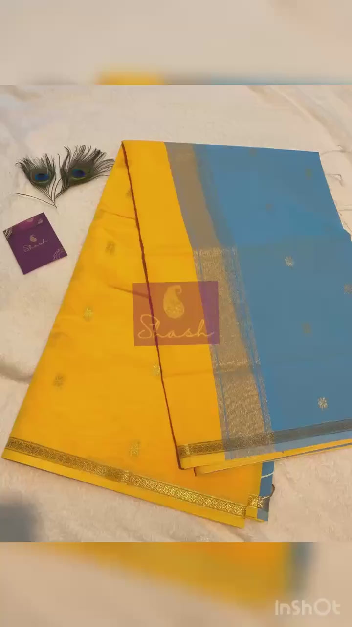 Maheshwari Cotton Silk Saree – Bright Yellow with Sky Blue Pallu & Blouse