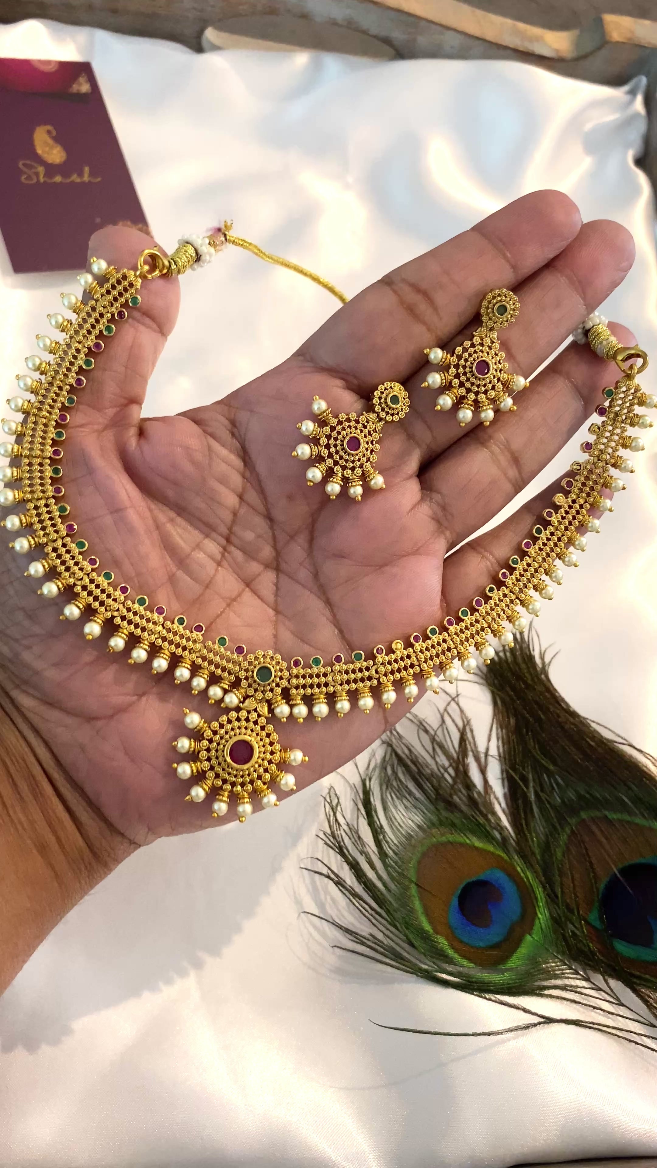 Traditional Antique Gold Necklace Set with Ruby, Green Stone & Pearl Drops